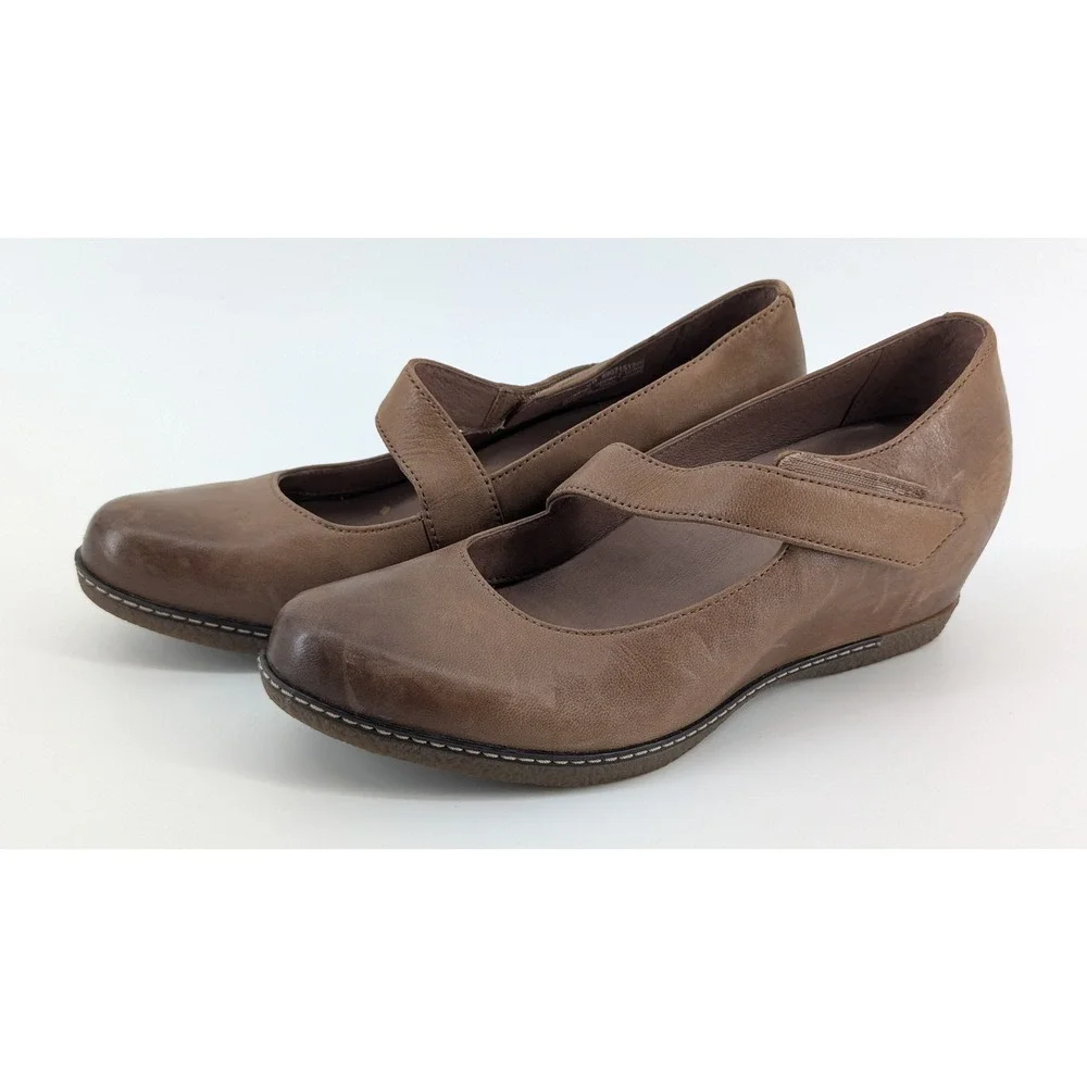 Dansko Brown Leather Mary Jane Wedge Shoes Size 38 Comfort Round Toe Strap